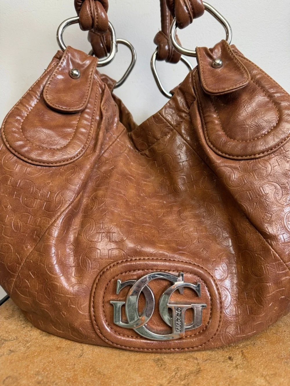GUESS Vintage Brown Leather Hobo Bag Monogram Logo Y2K Shoulder Bag - Picture 7 of 14